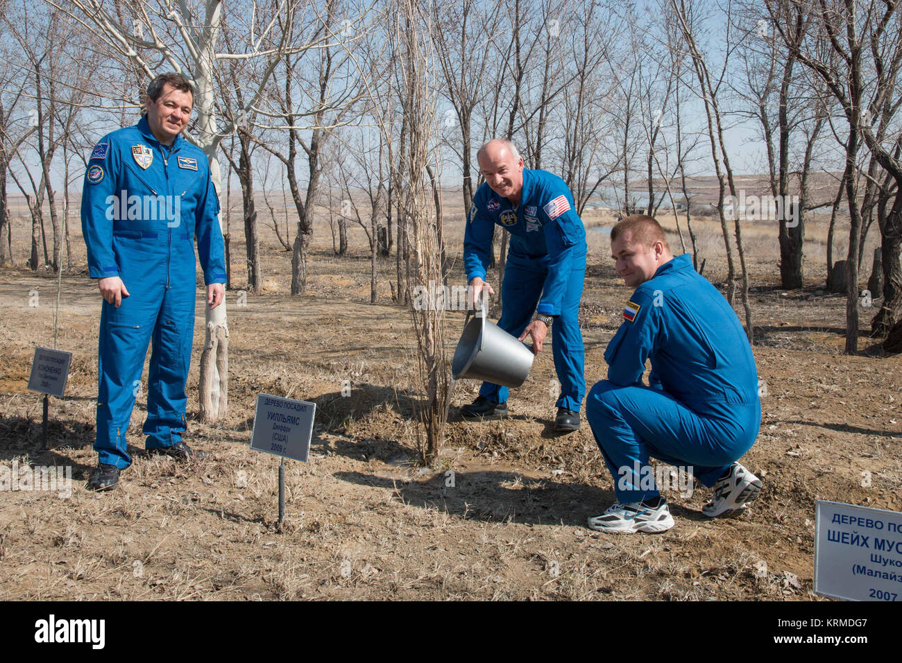 Behind the Cosmonaut Hotel crew quarters in Baikonur, Kazakhstan, Expedition 47-48 crewmember Jeff Williams of NASA (center) waters a tree previously planted in his name March 12 as part of traditional pre-launch activities. His crewmates, Oleg Skripochka (left) and Alexey Ovchinin (right) of Roscosmos look on. Williams, Ovchinin and Skripochka are conducting final training for their launch March 19, Kazakh time, on the Soyuz TMA-20M spacecraft for a six-month mission on the International Space Station.  NASA/Victor Zelentsov Soyuz TMA-20M crew during the tree planting ceremony Stock Photo