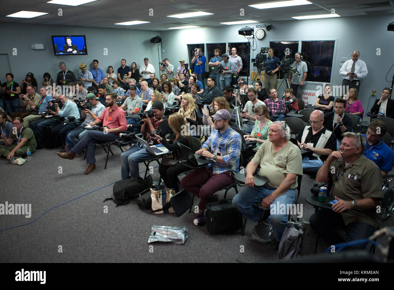 Photos of the Post Launch Press Conference after a successful launch of SpaceX CRS-8 and successful landing of the Falcon 9 rocket on the barge. SpaceX CRS-8 post-launch press conference (26290085226) Stock Photo