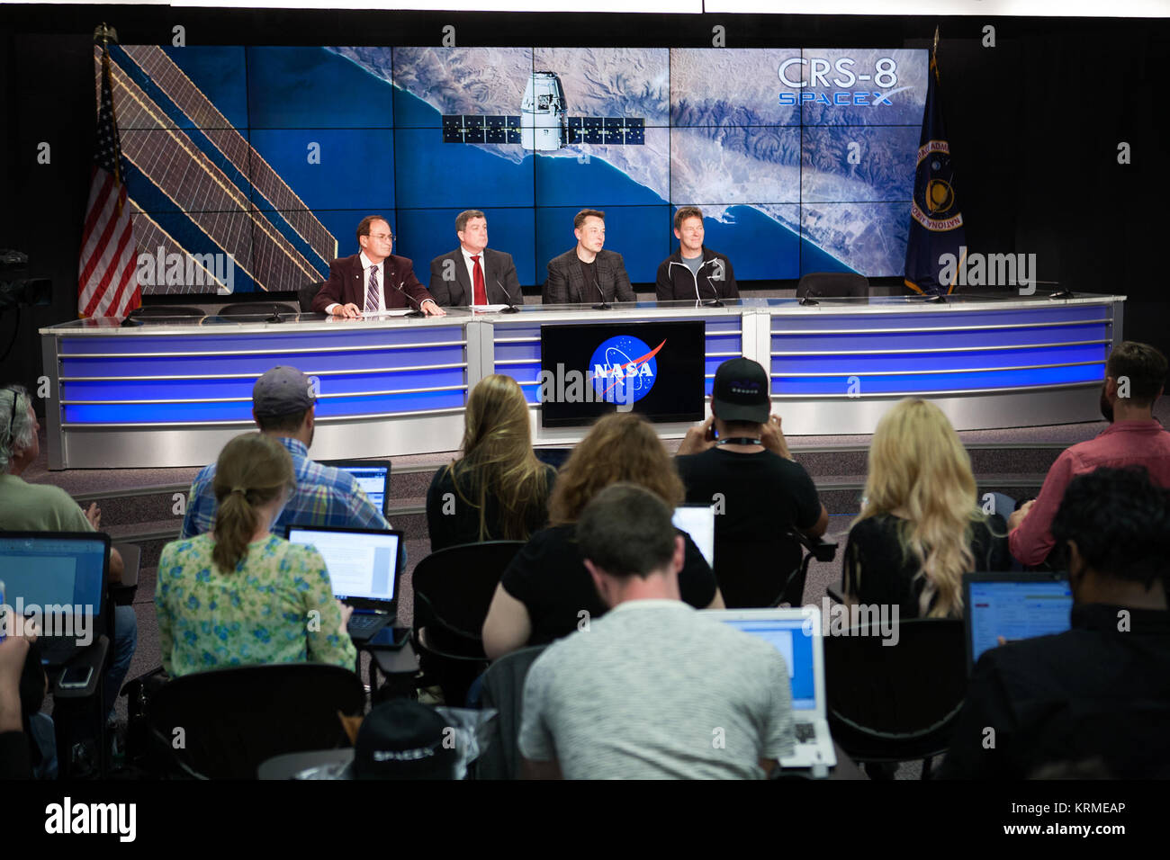 Photos of the Post Launch Press Conference after a successful launch of SpaceX CRS-8 and successful landing of the Falcon 9 rocket on the barge. SpaceX CRS-8 post-launch press conference (25713271413) Stock Photo