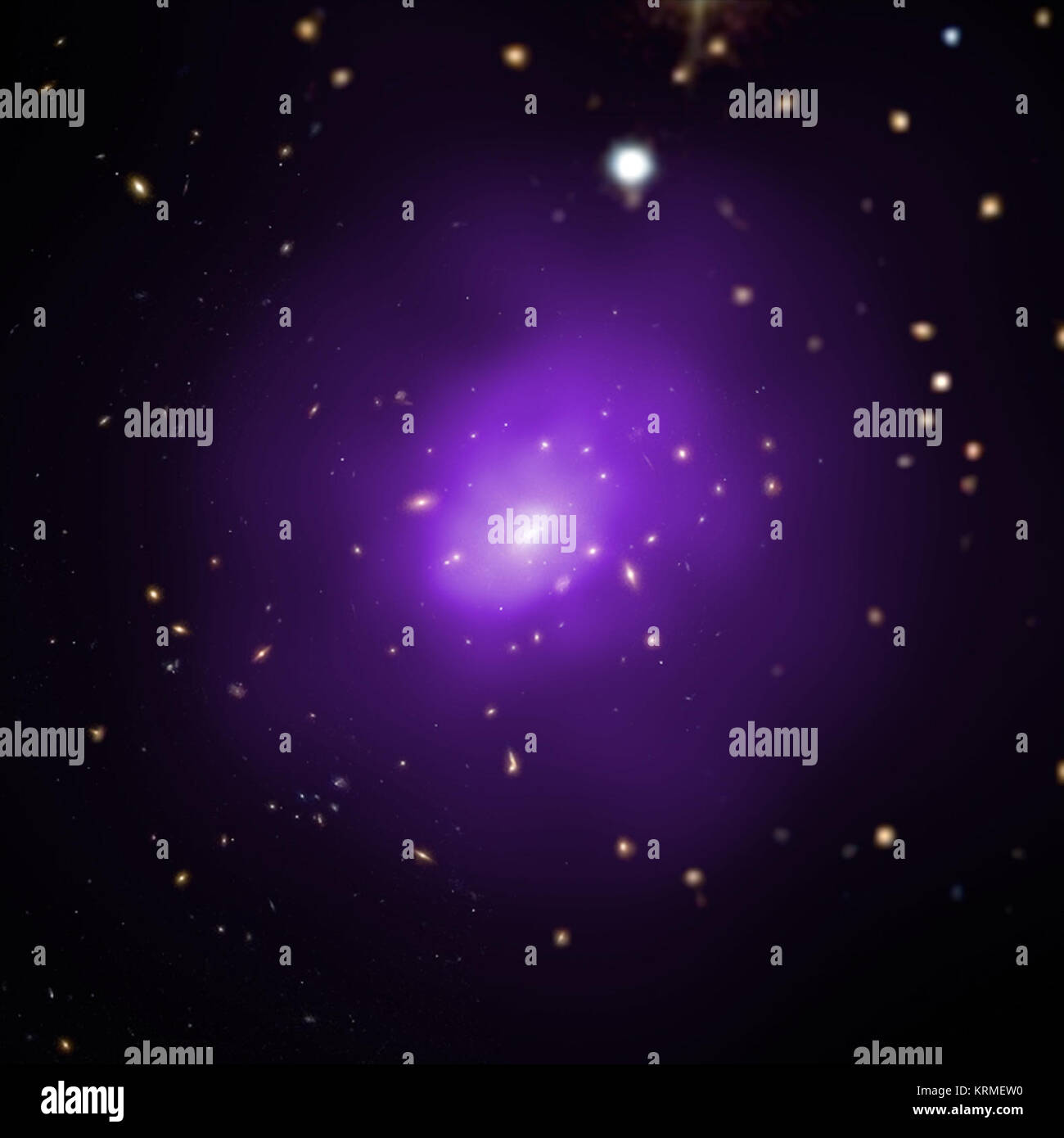 These four galaxy clusters were part of a large survey of over 300 clusters used to investigate dark energy, the mysterious energy that is currently driving the accelerating expansion of the Universe. In these composite images, X-rays from Chandra (purple) have been combined with optical light from Hubble and Sloan Digital Sky Survey (red, green, and blue). Researchers used a novel technique that takes advantage of the observation that the outer reaches of galaxy clusters, the largest structures in the universe held together by gravity, show similarity in their X-ray emission profiles and size Stock Photo
