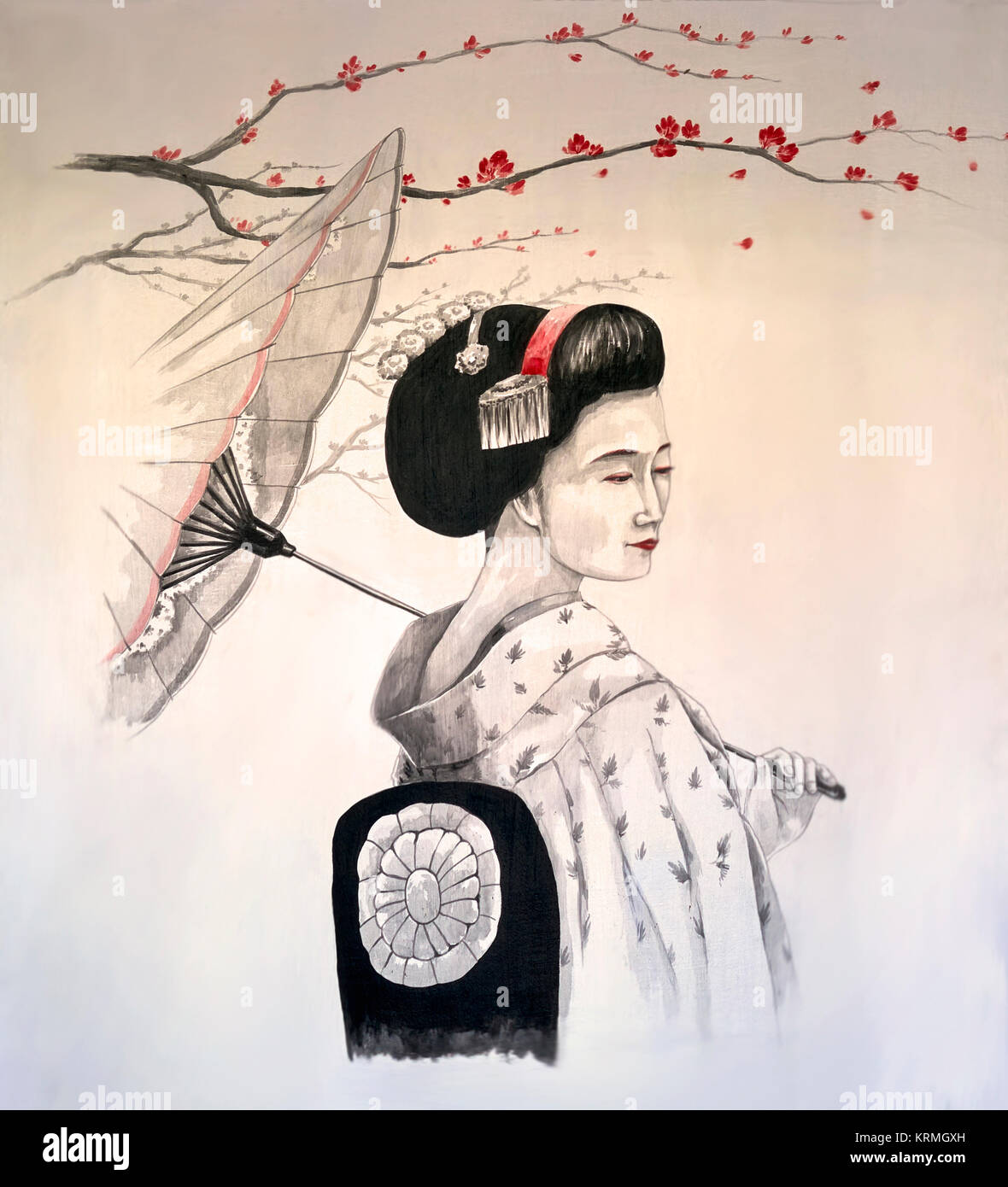 Japanese Geisha art. Wall art of a Geisha in traditional dress Stock Photo