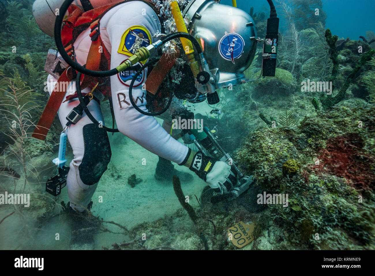 NEEMO 21 Reid Wiseman picks samples during a waterwalk Stock Photo