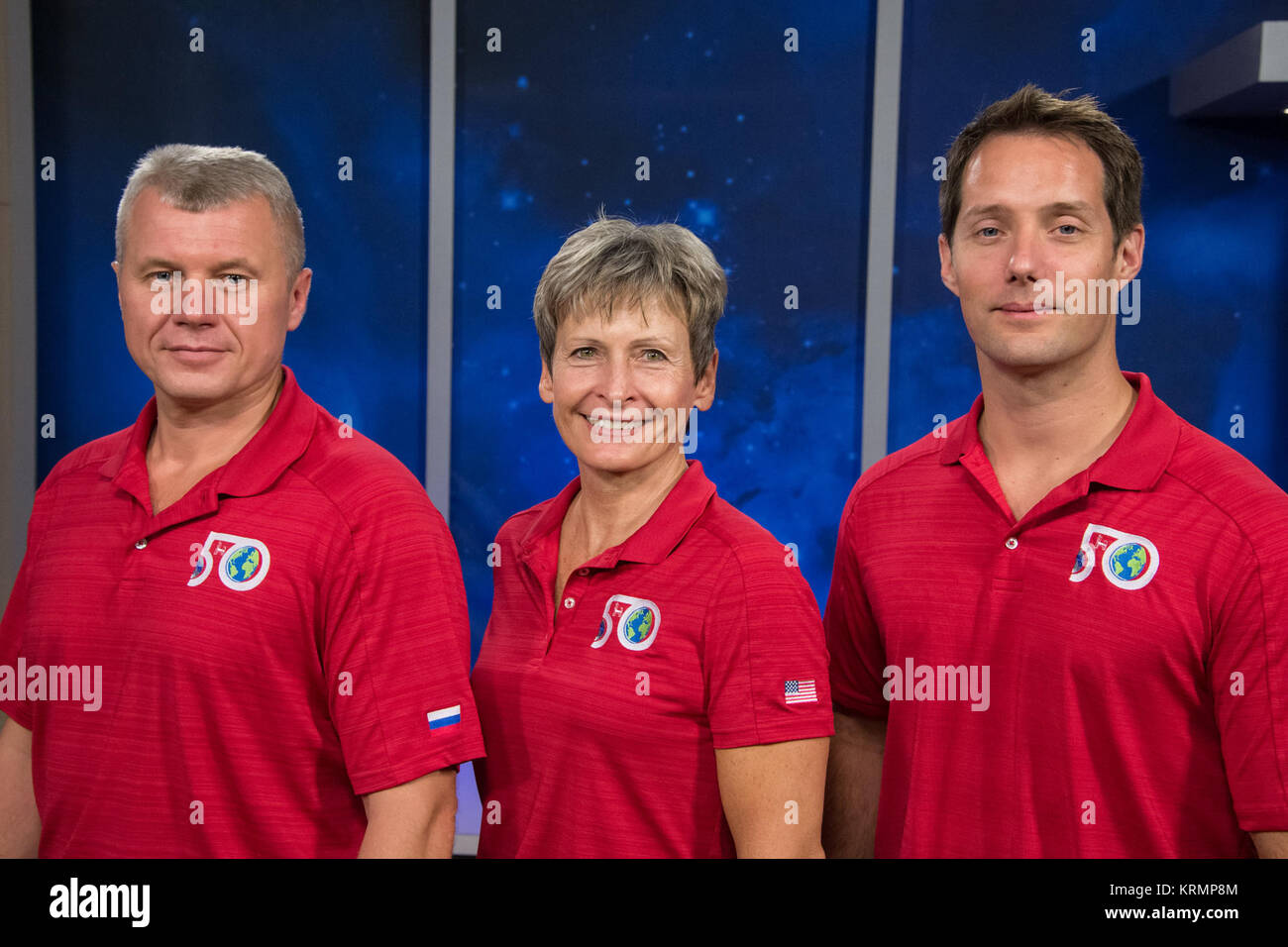 Date: 08-30-16 Location: Bldg 2 South, Studio B Subject: Expedition 50/51 Crew Press Conference with Peggy Whitson, Oleg Novitsky and Thomas Pesquet Soyuz MS-03 crew Stock Photo