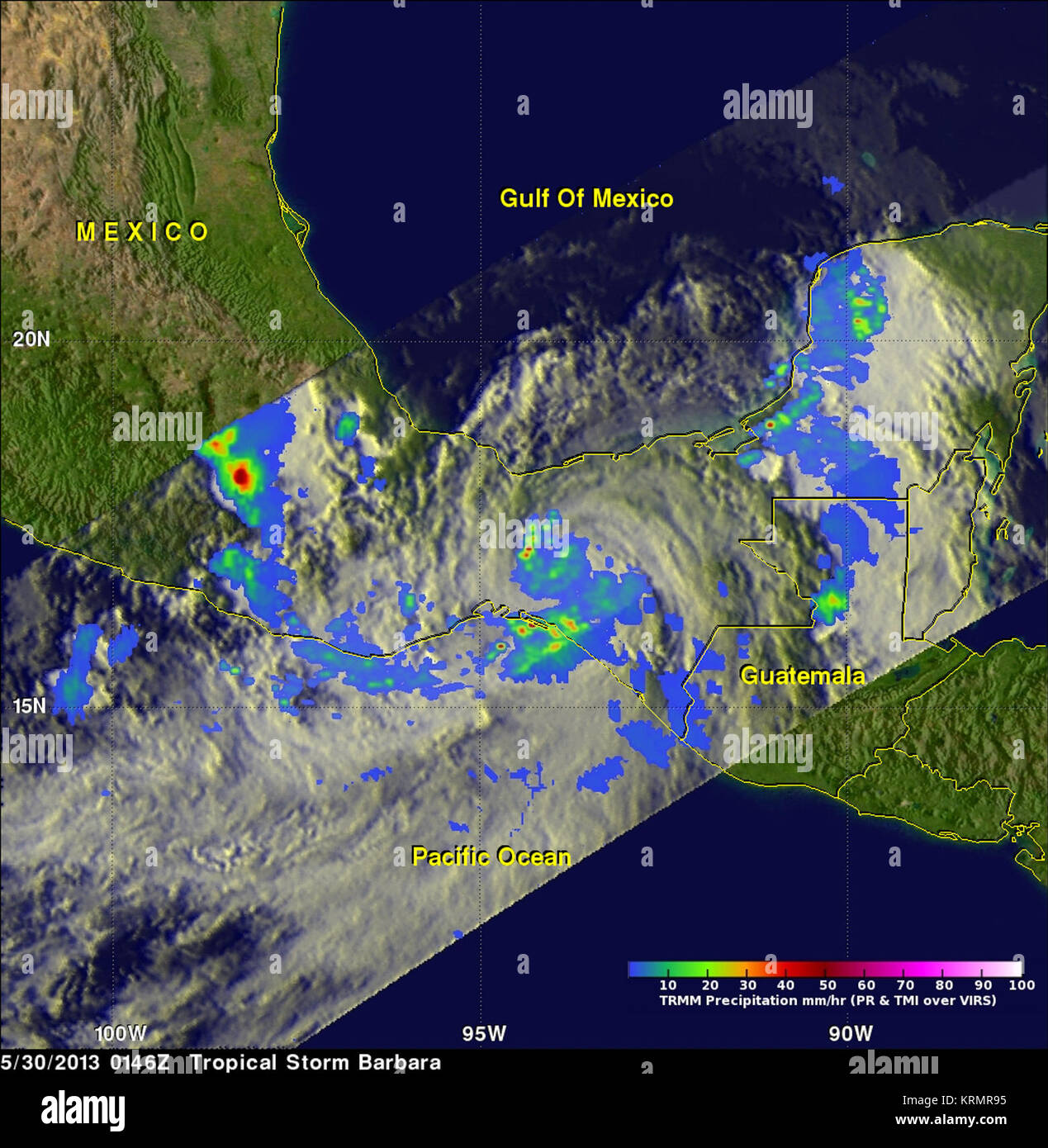 TRMM captured this image of Hurricane Barbara several hours after it made landfall. The image was taken at 6:46 p.m. PDT on May 29 (01:46 UTC 30 May) 2013 and shows the horizontal distribution of rain intensity within the storm. The image shows no evidence of an eye and areas of mostly light (blue) to moderate (green) rain within the storm. Localized areas of heavier rain are evident inland northwest of the center and along the coast where the storm's circulation is drawing moist air ashore.   Credit: NASA/SSAI, Hal Pierce   ----  NASA Satellites See Hurricane Barbara Come Ashore and Fizzle  H Stock Photo