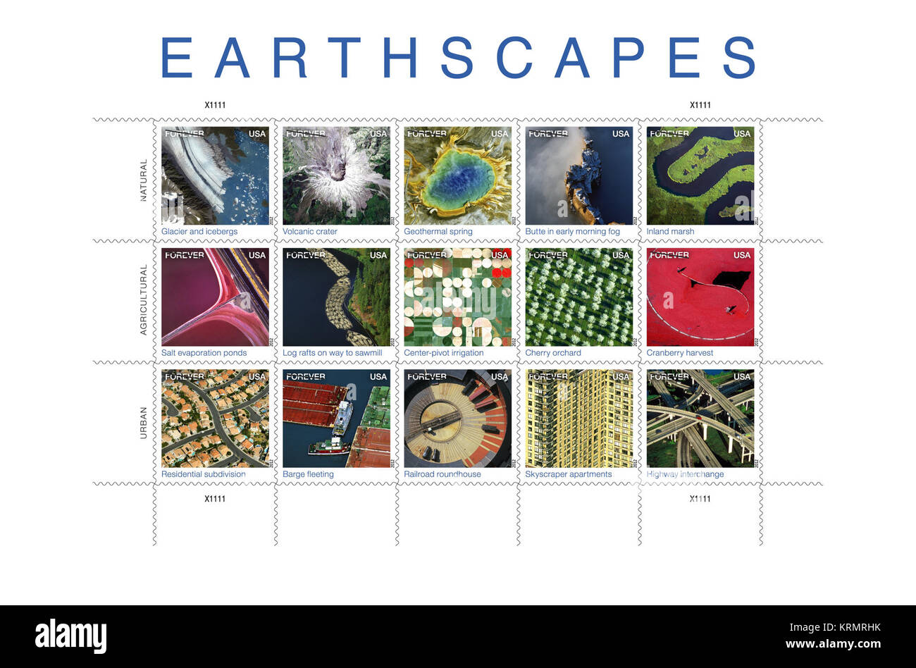 The U.S. Post Office released on Oct. 1 a series of 15 Earthscapes Forever stamps that depict America's diverse landscapes viewed from aerial and satellite perspectives. Taken from heights of several hundred feet above Earth to several hundred miles up in space, the images on the stamps provide a new perspective on the world we live in.  'Once you've seen the world from above, you never look at it quite the same way again,' said Joseph Corbett Postal Service chief financial officer and executive vice president . 'That's why the Postal Service is proud to offer these Earthscapes stamps, which i Stock Photo