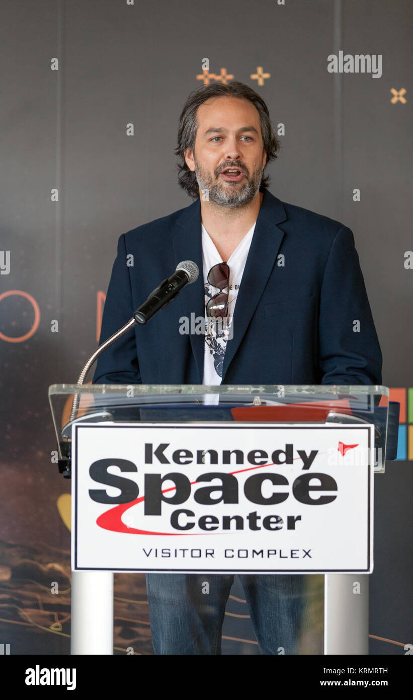 Kudo Tsunoda of Microsoft, speaks to members of the news media during a preview of the new Destination: Mars experience at the Kennedy Space Center Visitor Complex. Destination: Mars gives guests an opportunity to “visit” several sites on Mars using real imagery from NASA’s Curiosity Mars Rover. Based on OnSight, a tool created by NASA’s Jet Propulsion Laboratory in Pasadena, California, the experience brings guests together with a holographic version of Apollo 11 astronaut Buzz Aldrin as they are guided to Mars using Microsoft HoloLens mixed reality headset. Photo credit: NASA/Charles Babir K Stock Photo