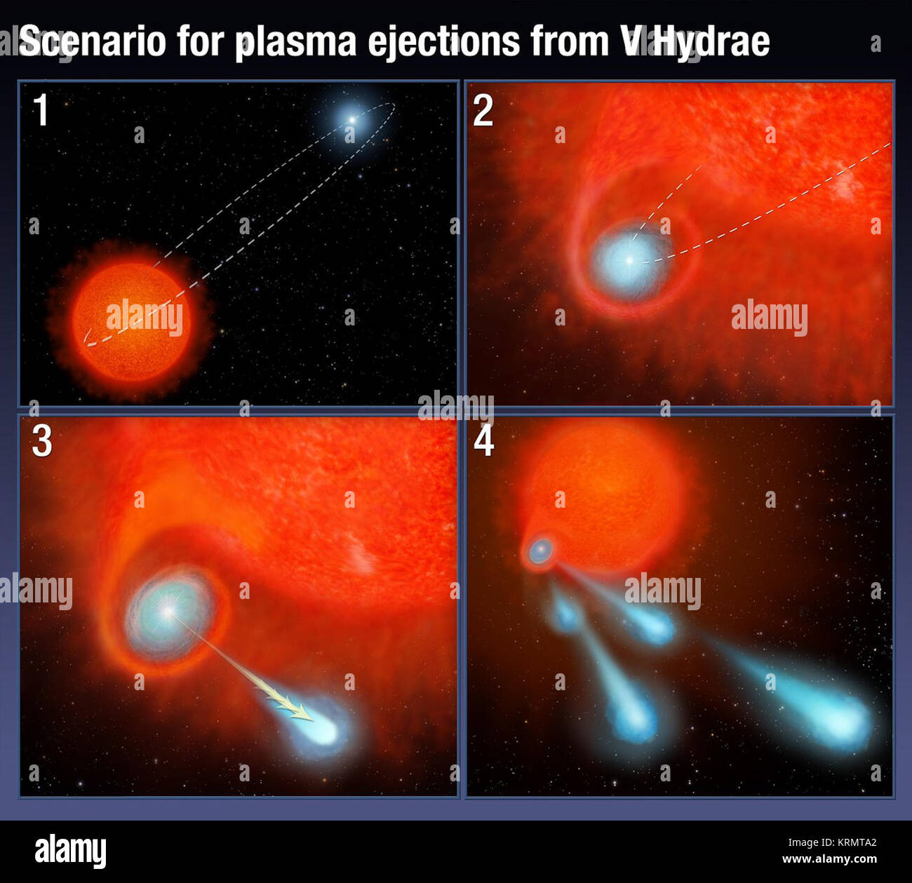This four-panel graphic illustrates how the binary-star system V Hydrae is launching balls of plasma into space. Panel 1 shows the two stars orbiting each other. One of the stars is nearing the end of its life and has swelled in size, becoming a red giant. In panel 2, the smaller star's orbit carries the star into the red giant's expanded atmosphere. As the star moves through the atmosphere, it gobbles up material from the red giant, which settles into a disk around the star. The buildup of material reaches a tipping point and is eventually ejected as blobs of hot plasma along the star's spin  Stock Photo