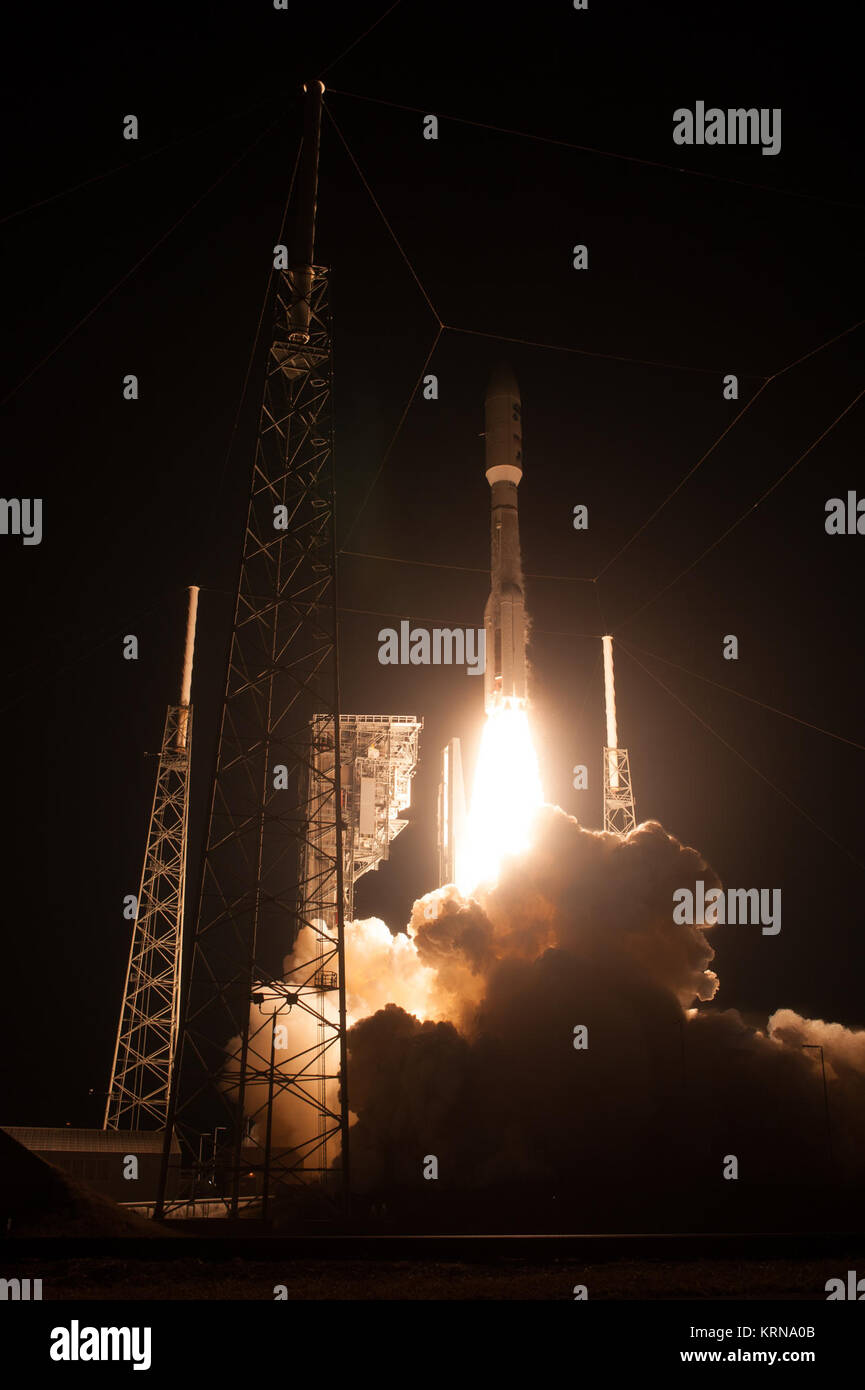 At Cape Canaveral Air Force Station's Space Launch Complex 41, an Atlas V rocket with NOAA's Geostationary Operational Environmental Satellite, or GOES-R, lifts off at 6:42 p.m. EST. GOES-R is the first satellite in a series of next-generation GOES satellites for NOAA, the National Oceanographic and Atmospheric Administration. It will launch to a geostationary orbit over the western hemisphere to provide images of storms and help meteorologists predict severe weather conditionals and develop long-range forecasts. KSC-20161119-PH AWG01 0012 (30979557552) Stock Photo