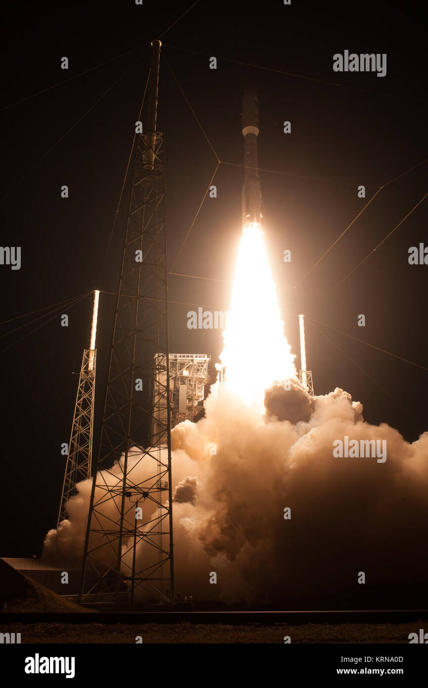At Cape Canaveral Air Force Station's Space Launch Complex 41, an Atlas V rocket with NOAA's Geostationary Operational Environmental Satellite, or GOES-R, lifts off at 6:42 p.m. EST. GOES-R is the first satellite in a series of next-generation GOES satellites for NOAA, the National Oceanographic and Atmospheric Administration. It will launch to a geostationary orbit over the western hemisphere to provide images of storms and help meteorologists predict severe weather conditionals and develop long-range forecasts. KSC-20161119-PH AWG01 0014 (30979557042) Stock Photo