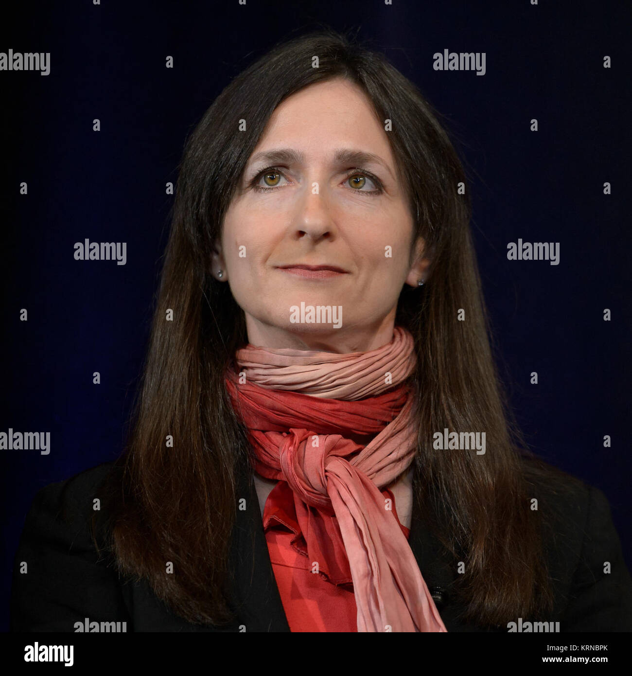 Professor of planetary science and physics at Massachusetts Institute of Technology, Cambridge, Sara Seager presents research findings during a TRAPPIST-1 planets briefing, Wednesday, Feb. 22, 2017 at NASA Headquarters in Washington. Researchers revealed the first known system of seven Earth-size planets around a single star called TRAPPIST-1. Photo Credit: (NASA/Bill Ingalls) Sara Seager during a TRAPPIST-1 planets briefing (1) Stock Photo