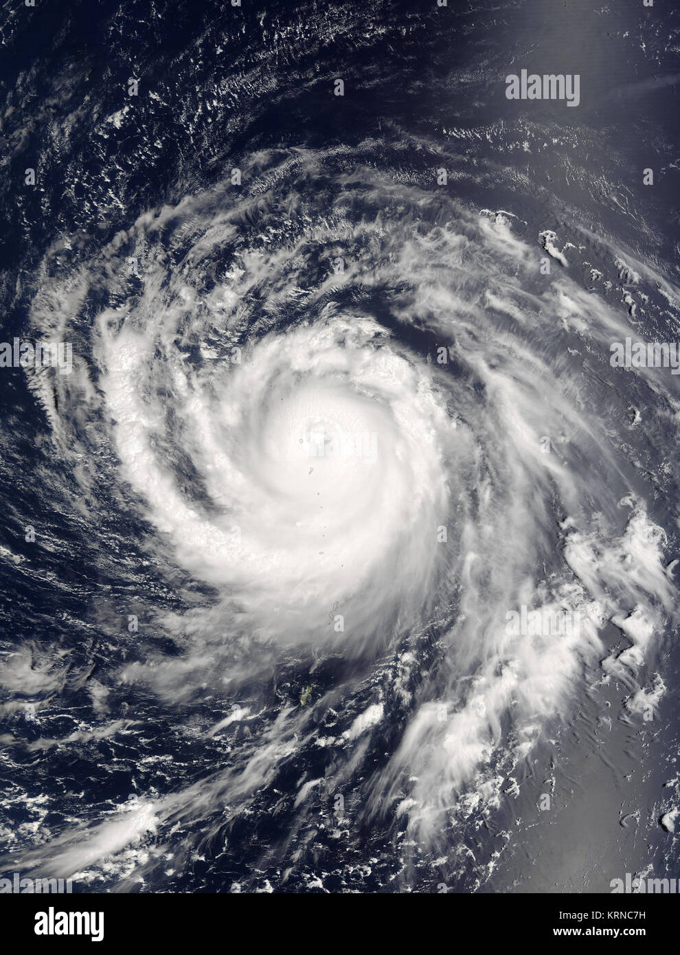 <p>The MODIS instrument aboard NASA's Terra satellite captured this true-color image of Typhoon Songda on September 1, 2004 at 00:40 UTC. At the time this image was taken Songda was located approximately 740 km (460 miles) southeast of Iwo Jima, Japan and was moving towards the northwest at 28 km/hr (17 mph). Maximum sustained winds were near 232 km/hr (144 mph) with higher gusts to 278 km/hr (173 mph). </p><p>The MODIS Rapid Response System provides this image at  rapidfire.sci.gsfc.nasa.gov/gallery/?2004245-0901/Songda.A2004245.0040 additional resolutions and formats. </p><p>NASA image court Stock Photo