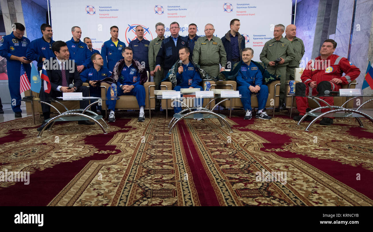Expedition 50 Commander Shane Kimbrough of NASA, left,  and Flight Engineers Sergey Ryzhikov, center, and Andrey Borisenko of Roscosmos are seen at a Karaganda Airport welcome ceremony in Kazakhstan on Monday, April 10, 2017. 2017 (Kazakh time). Kimbrough, Ryzhikov, and Borisenko are returning after 173 days in space where they served as members of the Expedition 49 and 50 crews onboard the International Space Station. Photo Credit: (NASA/Bill Ingalls) Expedition 50 Soyuz MS-02 Landing (NHQ201704100054) Stock Photo