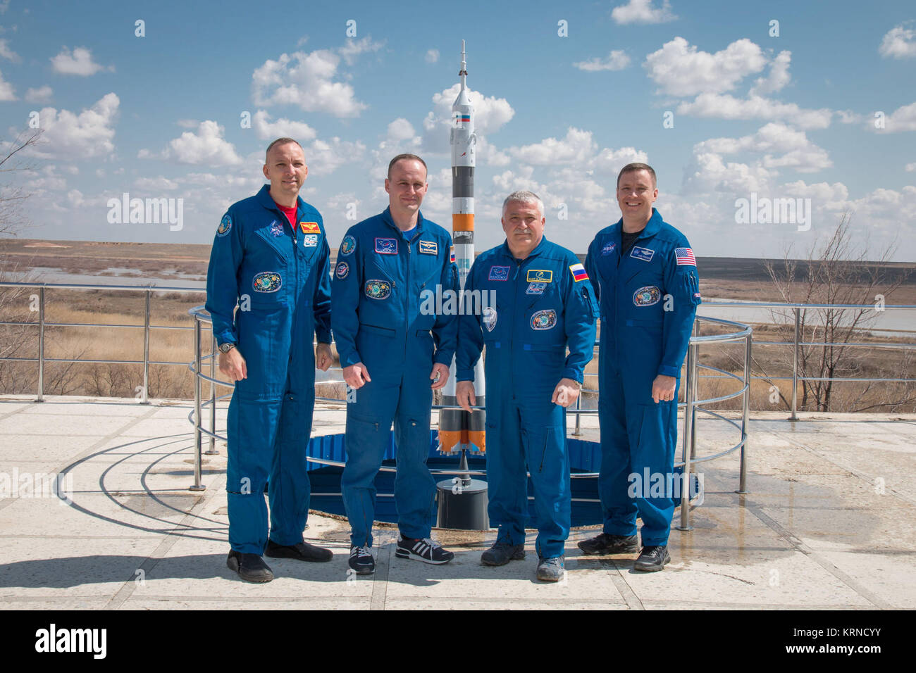 At the Cosmonaut Hotel crew quarters in Baikonur, Kazakhstan, the Expedition 51 prime and backup crewmembers pose for pictures April 13 as part of traditional pre-launch activities. From left to right are backup crewmembers Randy Bresnik of NASA and Sergey Ryazanskiy of the Russian Federal Space Agency (Roscosmos) and prime crewmembers Fyodor Yurchikhin of Roscosmos and Jack Fischer of NASA. Fischer and Yurchikhin will liftoff April 20 from the Baikonur Cosmodrome on the Soyuz MS-04 spacecraft for a four and a half month mission on the International Space Station.  NASA/Victor Zelentsov Soyuz  Stock Photo
