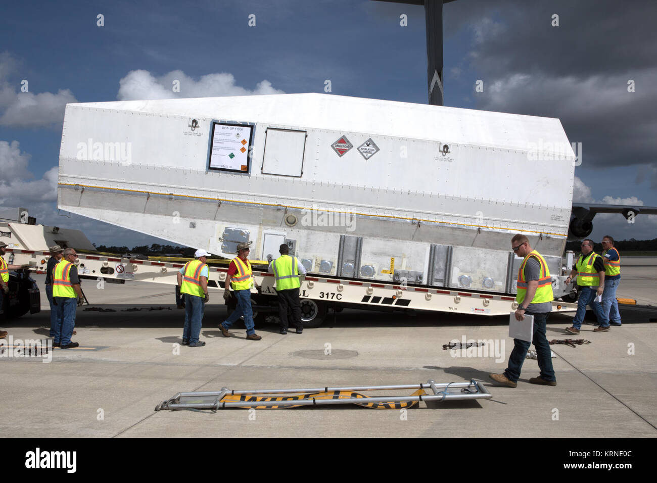 NASA's TDRSM satellite arrives inside its shipping container at Space