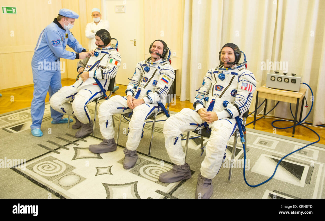 Expedition 52 Paolo Nespoli of ESA (European Space Agency), left, flight engineer Sergei Ryazanskiy of Roscosmos, center, and flight engineer Randy Bresnik of NASA are seen after donning their Russian Sokol suits as they prepare for their Soyuz launch to the International Space Station Friday, July 28, 2017 in Baikonur, Kazakhstan.  Launch of the Soyuz rocket will send Ryazanskiy, Bresnik, and Nespoli on a four and a half month mission aboard the International Space Station. Photo Credit: (NASA/GCTC/Andrey Shelepin) Expedition 52 Preflight (NHQ201707280058) Stock Photo