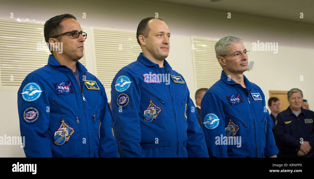 Expedition 53 crew members: Joe Acaba of NASA, left, Alexander Misurkin of Roscosmos, center, and Mark Vande Hei of NASA are seen ahead of two days of qualification exams, Wednesday, Aug. 30, 2017 at the Gagarin Cosmonaut Training Center (GCTC) in Star City, Russia. Photo Credit: (NASA/Bill Ingalls) Expedition 53 Qualification Exams (NHQ201708300017) Stock Photo