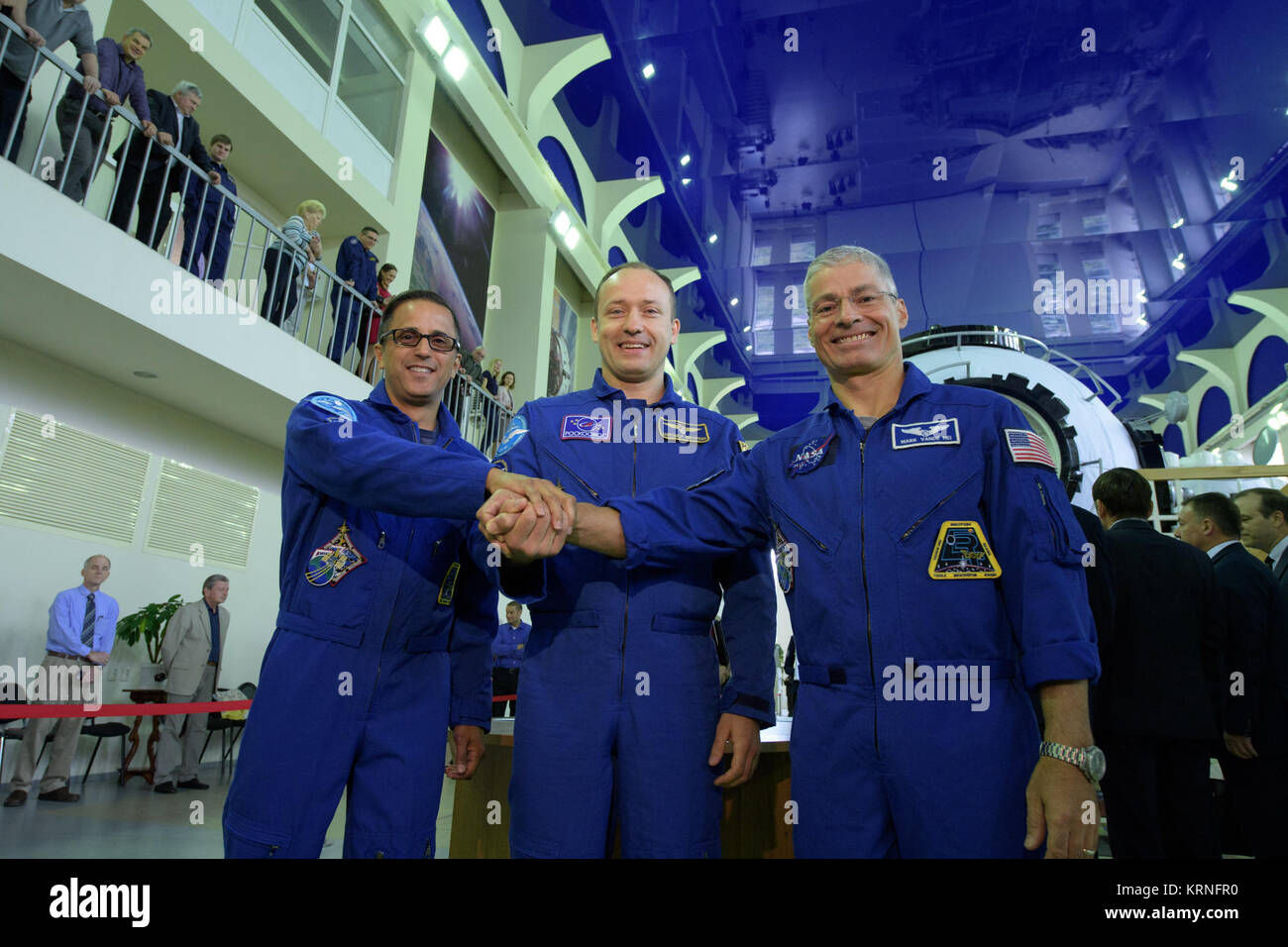 Expedition 53 crew members: Joe Acaba of NASA, left, Alexander Misurkin of Roscosmos, center, and Mark Vande Hei of NASA pose for a photograph ahead of two days of qualification exams, Wednesday, Aug. 30, 2017 at the Gagarin Cosmonaut Training Center (GCTC) in Star City, Russia. Photo Credit: (NASA/Bill Ingalls) Expedition 53 Qualification Exams (NHQ201708300022) Stock Photo