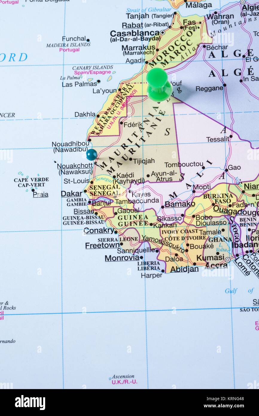 mauritania map with green pin Stock Photo