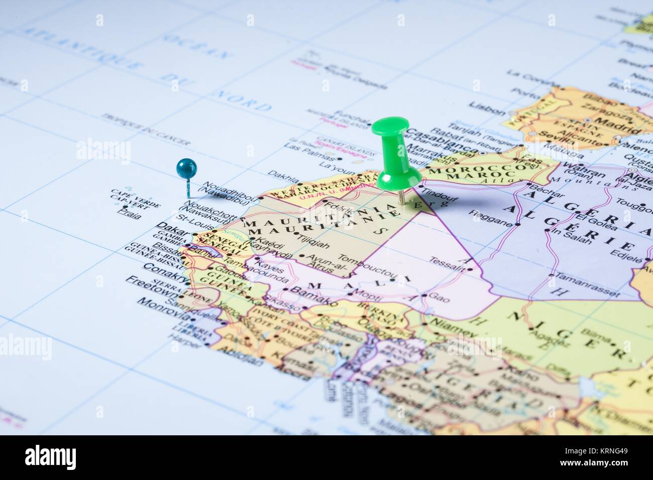 mauritania map with green push pin Stock Photo