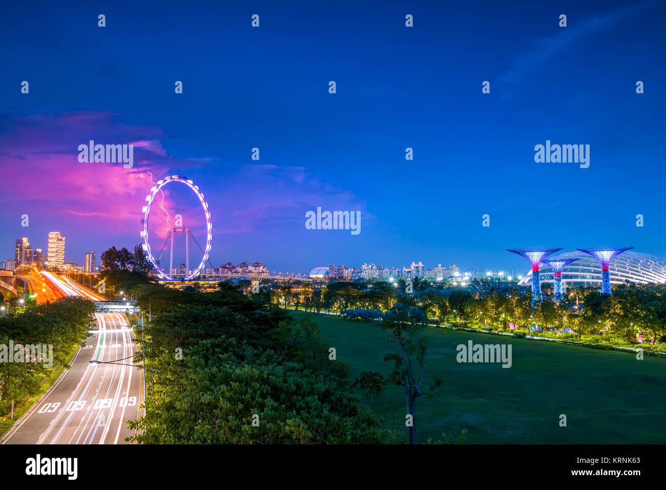 Evening Singapore. Road traffic, SuperTrees in Gardens by the Bay and