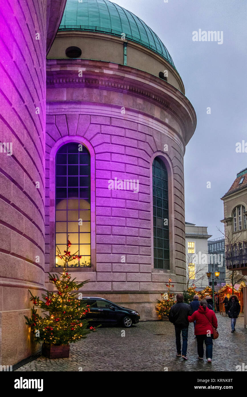 St. Hedwig's Cathedral, Berlin. Neoclassical facade Roman Catholic Church and Christmas market