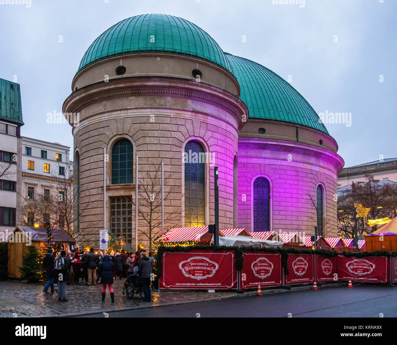 St. Hedwig's Cathedral, Berlin. Neoclassical facade Roman Catholic Church and Christmas market