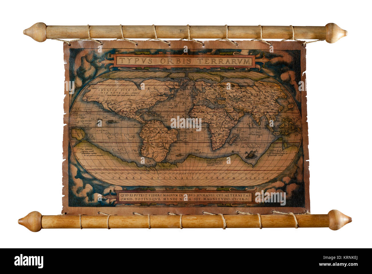 replica of an ancient world map on a parchment scroll isolated Stock Photo