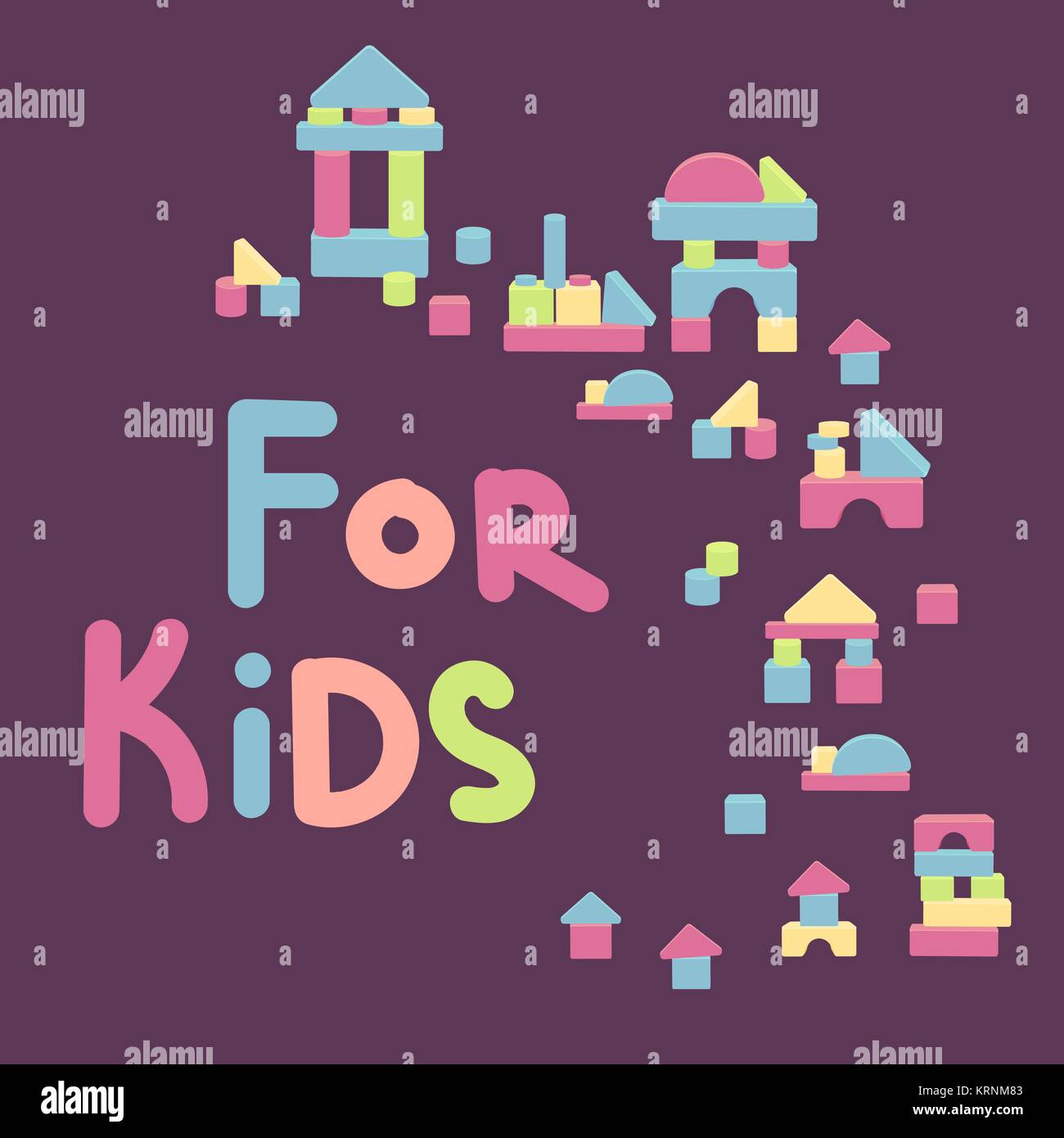 For kids text. Wooden blocks game. Colourful set of bricks and elements