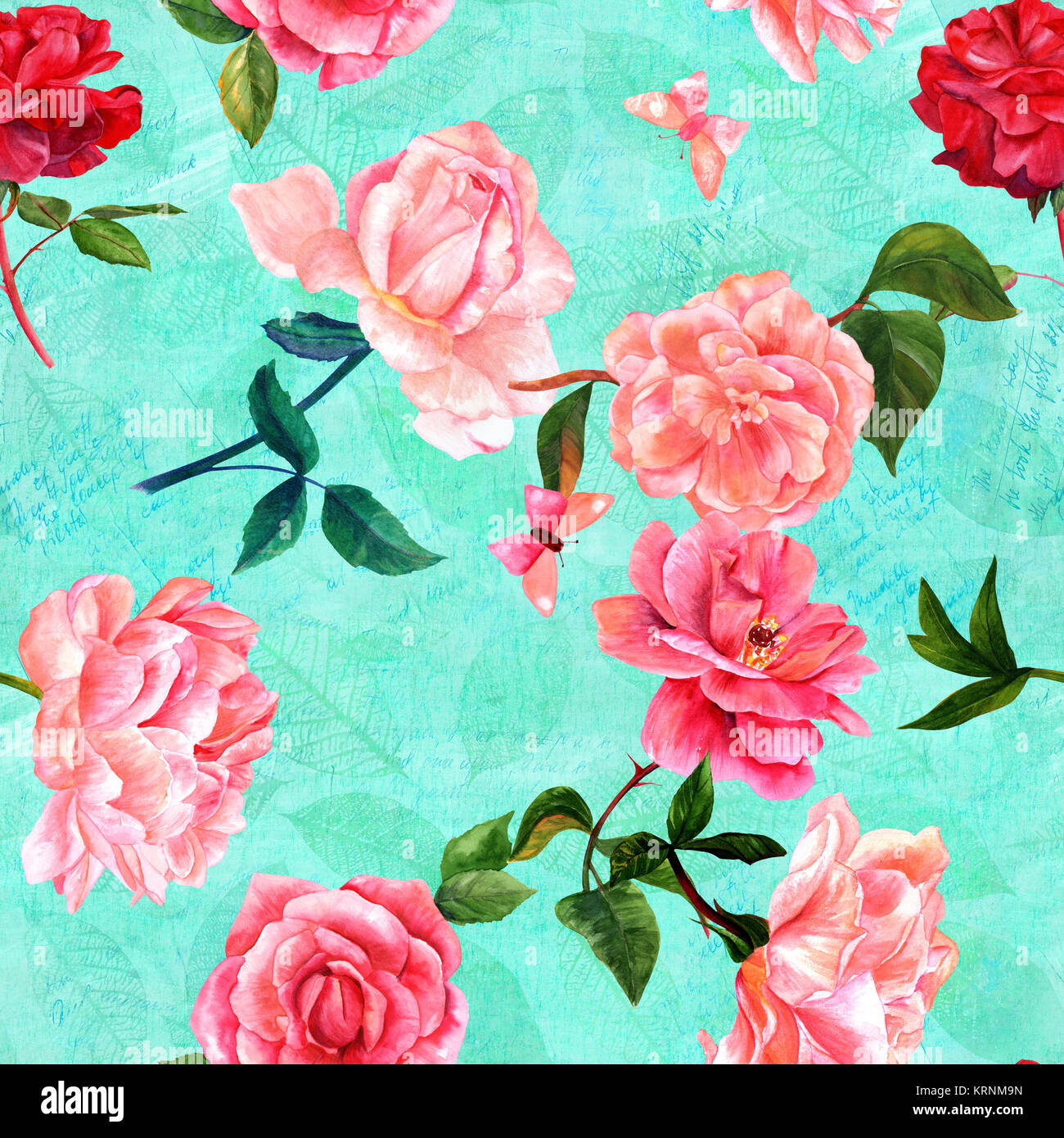 Seamless teal pattern of watercolor flowers and butterflies on faded ...