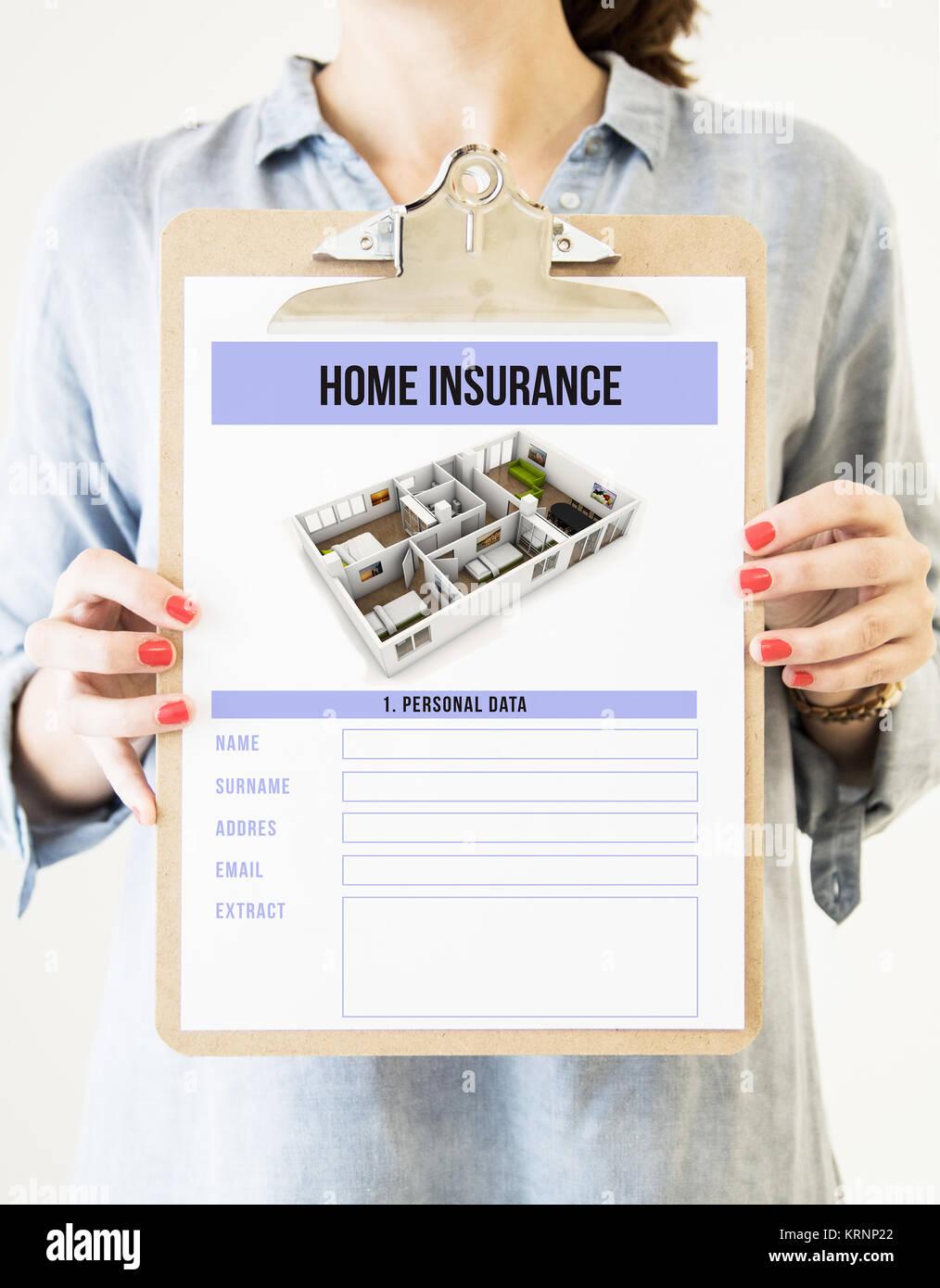 woman holding a clipboard with home insurance Stock Photo