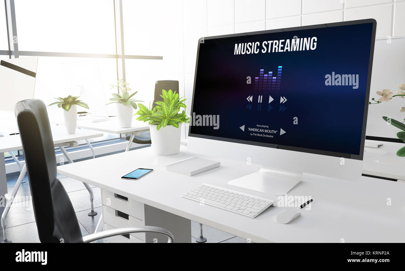 computer with music streaming on screen 3d rendering. Stock Photo