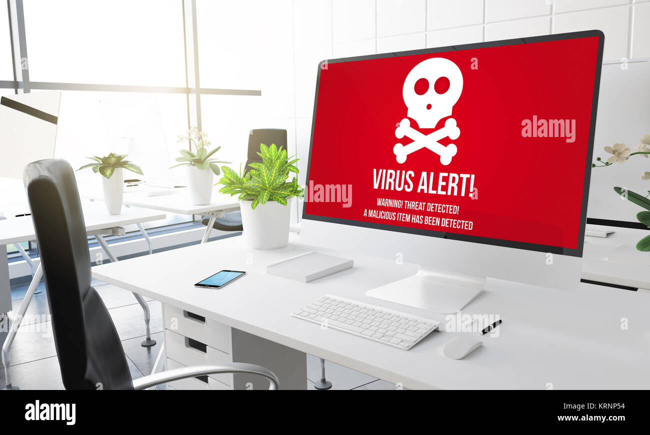 computer with virus alert at modern office 3d rendering Stock Photo
