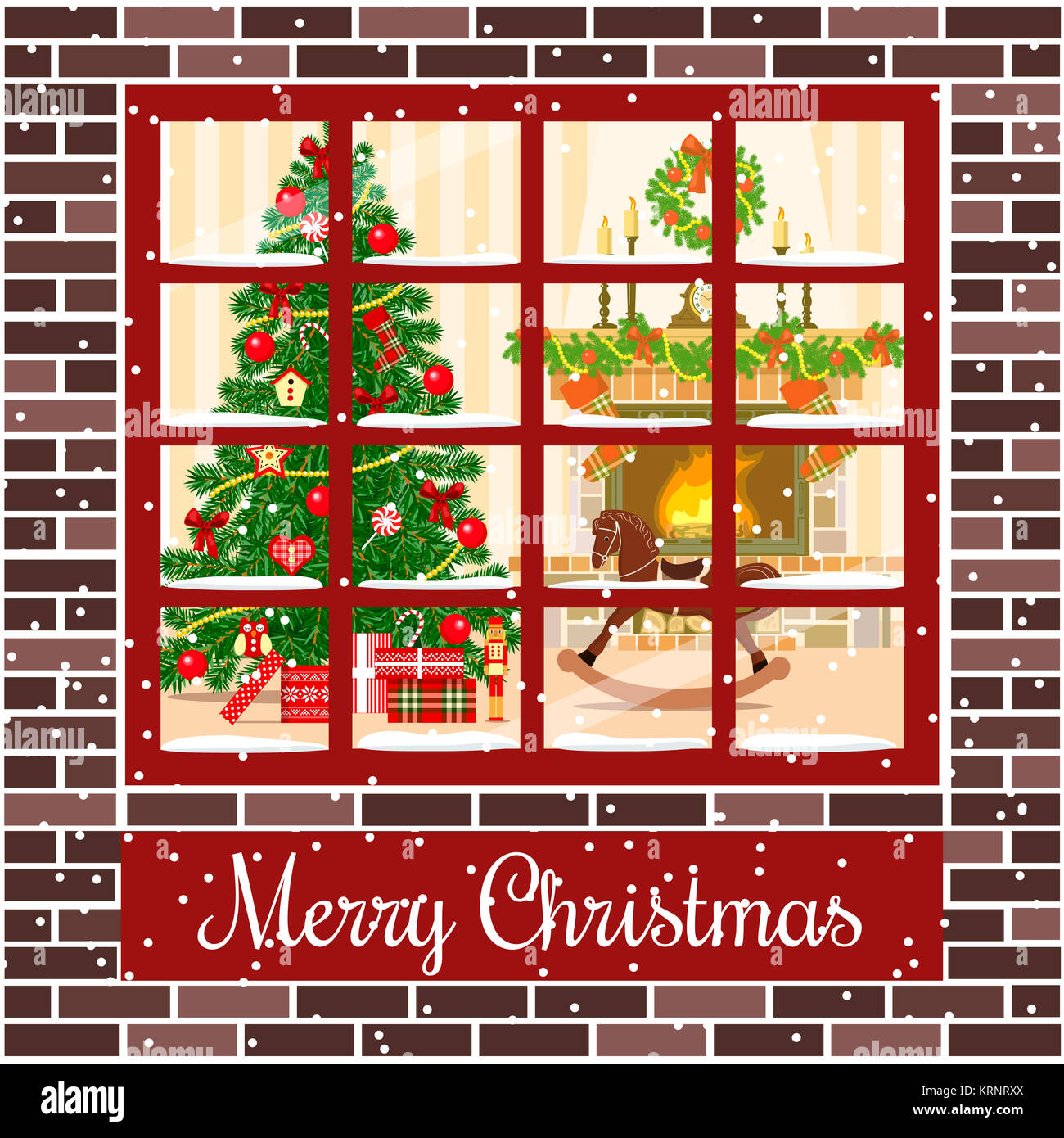 Christmas room through the window postcard Stock Photo