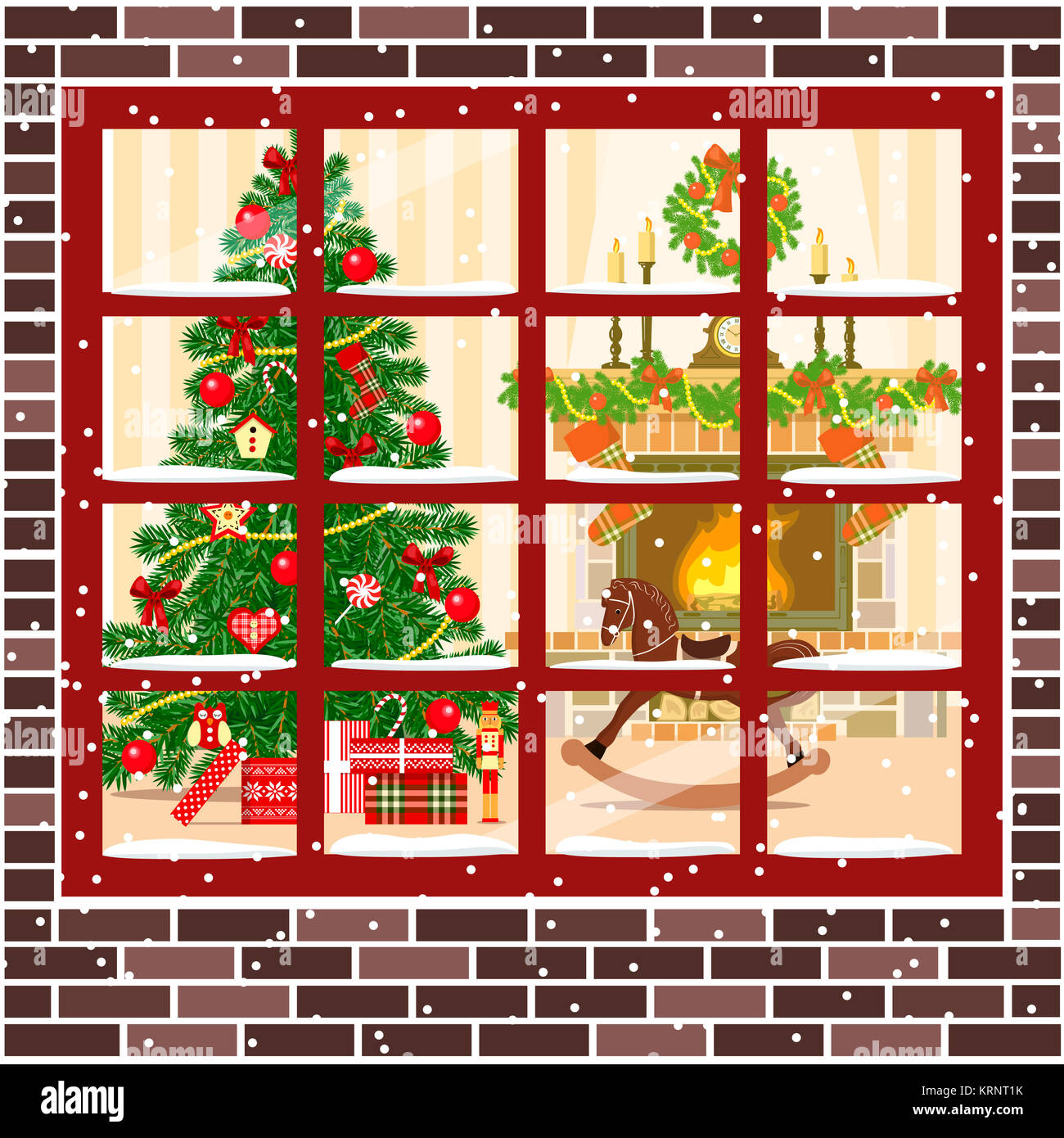 Christmas room with fireplace, furniture xmas tree Stock Photo