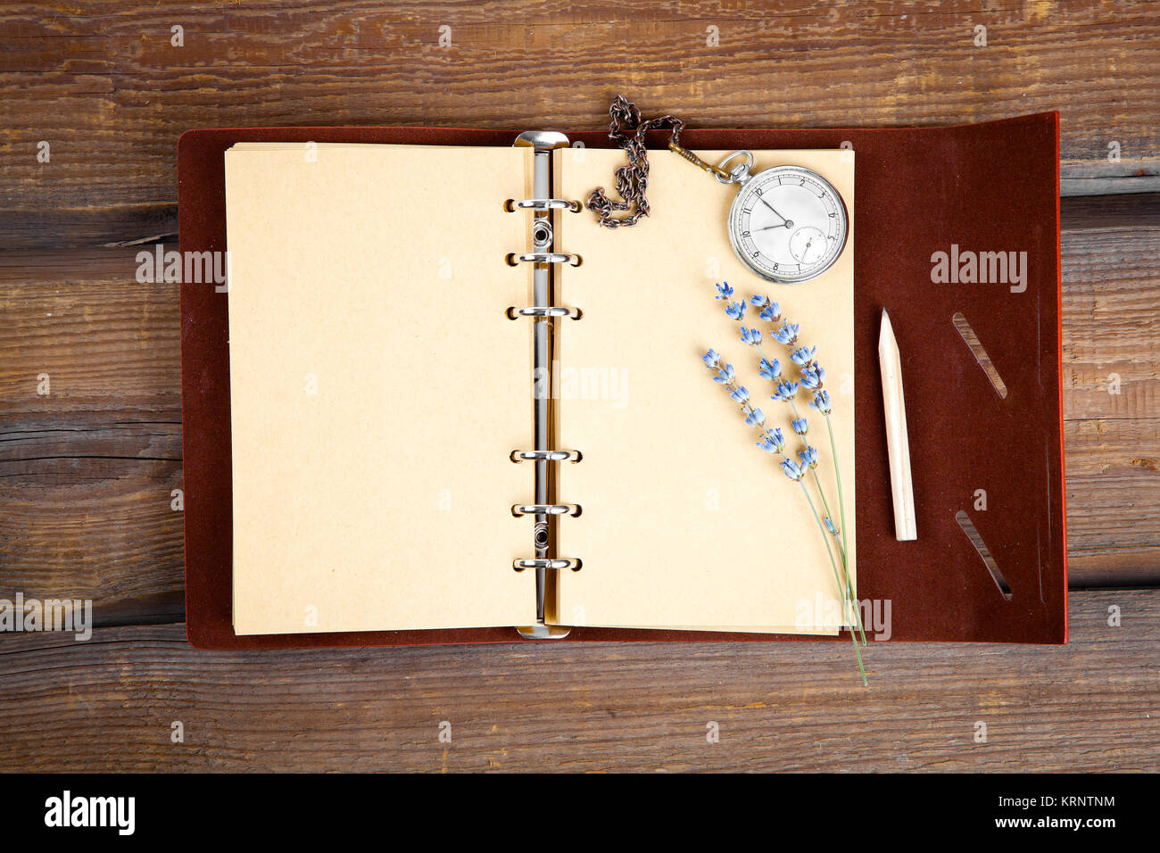 Jahrgang Schreibblock mit Taschenuhr und Lavendelblüten Stock Photo
