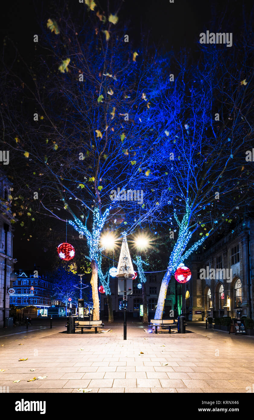 Street scene with Christmas lights, central Peterborough, Cambridgeshire, England Stock Photo
