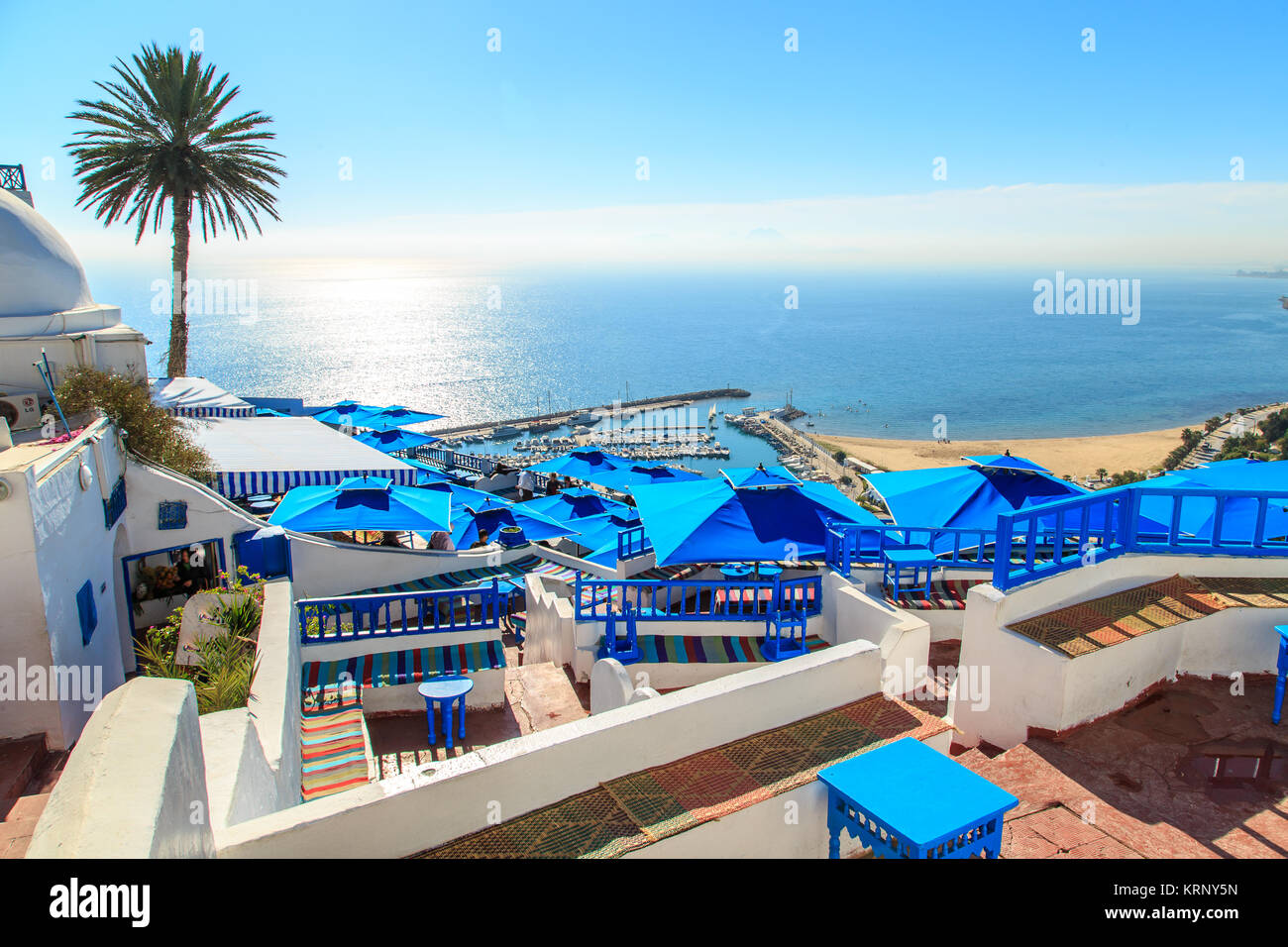 Tunisia Sidi Bou Said the Cafe Sidi Chabaane overlooking the harbour Stock ...