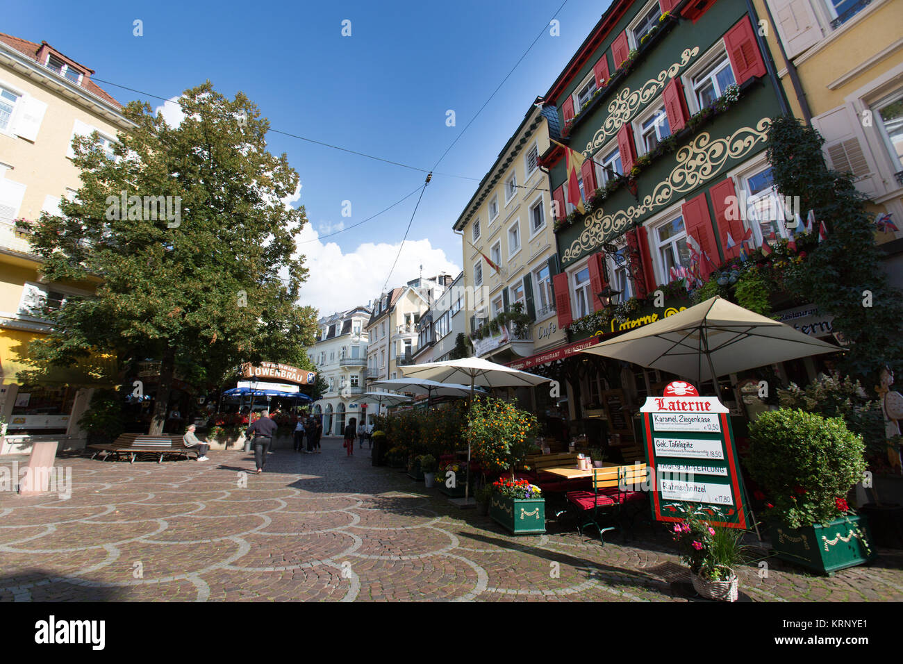 City of Baden-Baden, Germany. Picturesque colourful view of the restaurants, cafes and bars, on Baden-Baden’s Gernsbacher Str. Stock Photo
