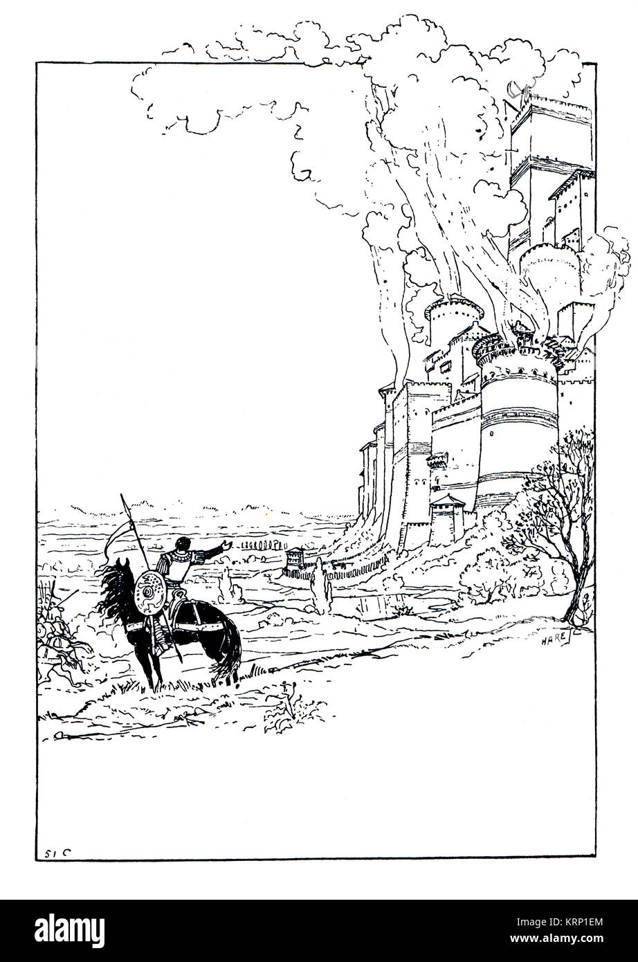 burning Chateau illustration from Quatre Fils Aymon by artist Eugene Grasset from 1894 The Studio Magazine Stock Photo