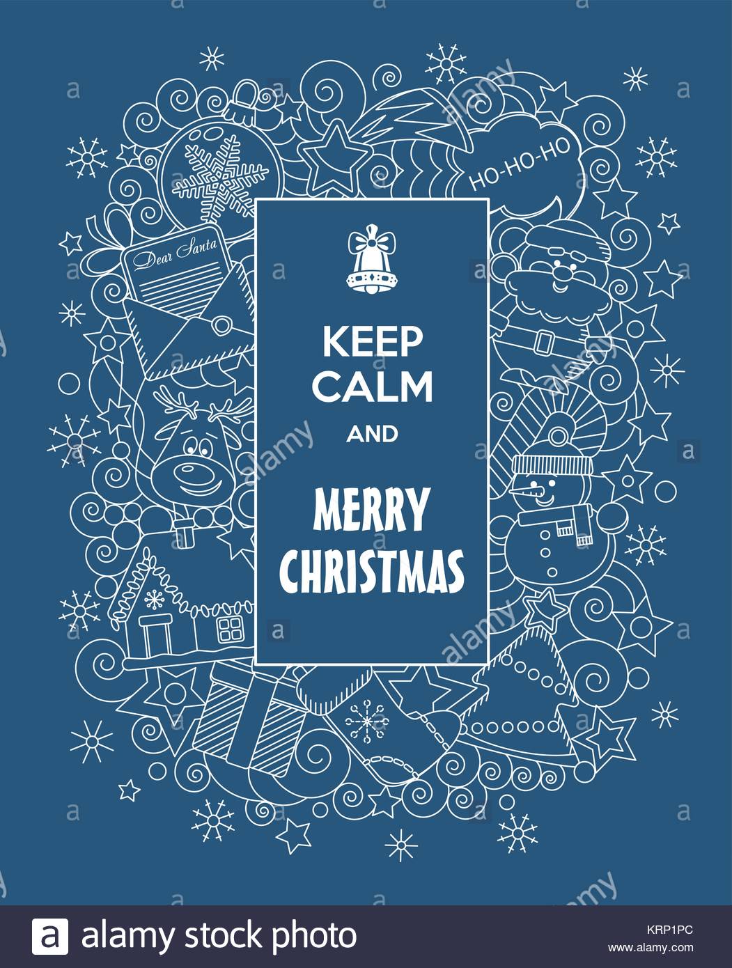 Merry Christmas Vector doodles illustration Keep Calm and Merry Christmas with funny cartoon characters in blue background Hand drawn Line art