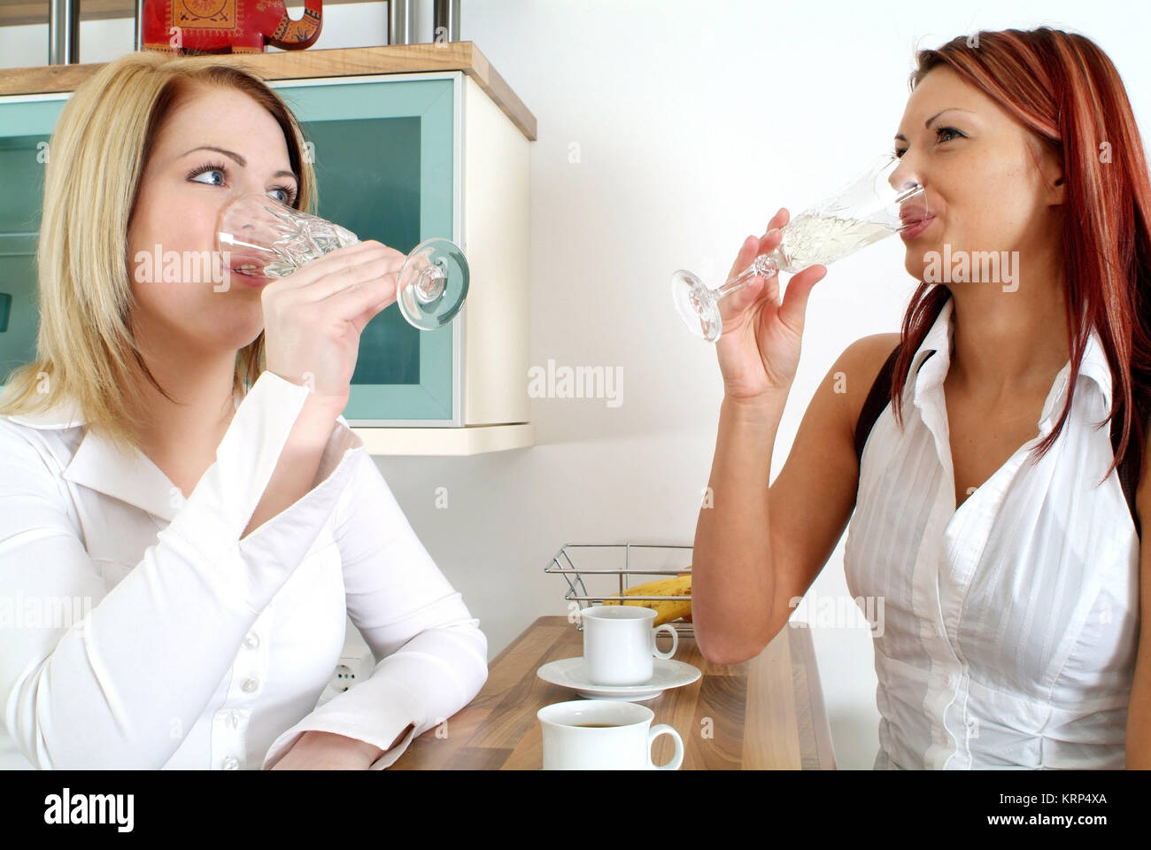 Zwei junge Frauen trinken gemeinsam Sekt an der Kuechenbar - two young women drinking sparkling wine Stock Photo