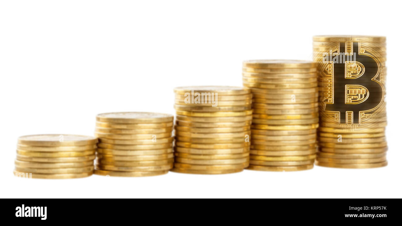 Bitcoin on large coin stake stack isolated on white background. The concept  of development and growth of a new virtual currency Stock Photo - Alamy