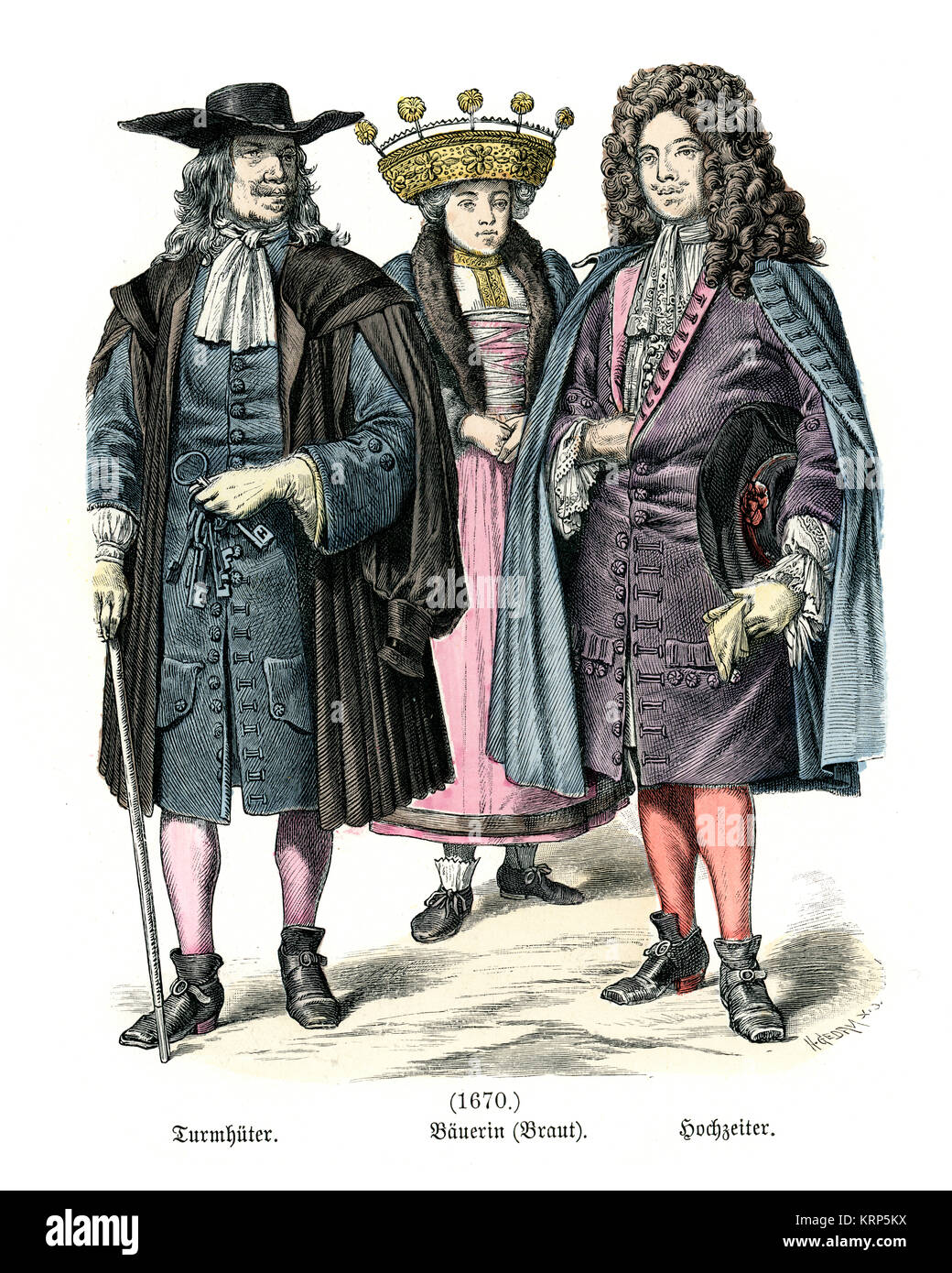 Vintage engraving of Fashions of 17th Century Strasbourg. Watchman of the tower, peasant bride, bridegroom Stock Photo