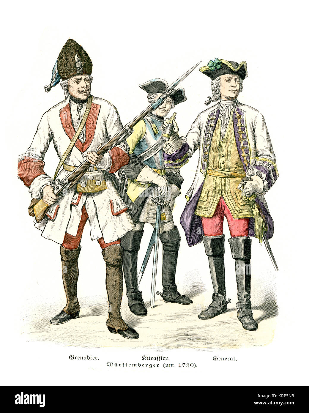 Vintage engraving of Miltary Uniforms 18th Century Wurttemberg, Grenadier, Cuirassier, General. c. 1730 Stock Photo