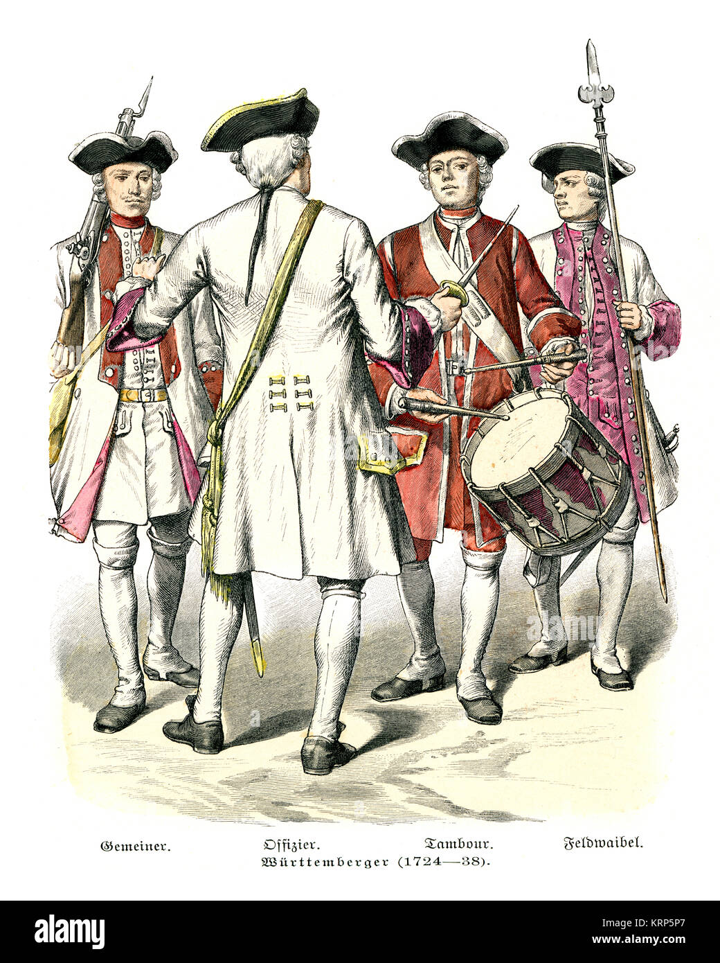 Vintage engraving of Miltary Uniforms 18th Century Wurttemberg, Private, Officer, Drummer, Sergeant. 1724 - 38 Stock Photo