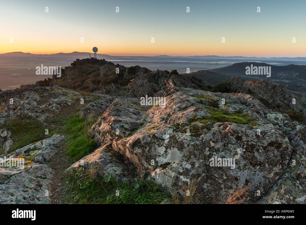 Sunrise from a mountain next to Sierra de Fuentes. Spain. Stock Photo
