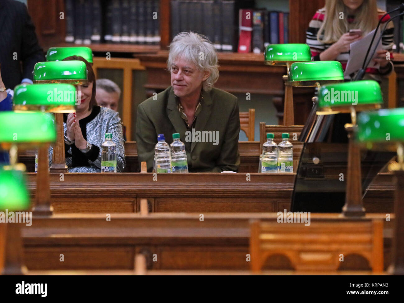 Sir Bob Geldof at the National Library of Ireland (NLI) in Dublin with Minister for Culture Josepha Madigan and library director Dr Sandra Collins, as he announced that the Band Aid Trust is donating its archive to the NLI. Stock Photo