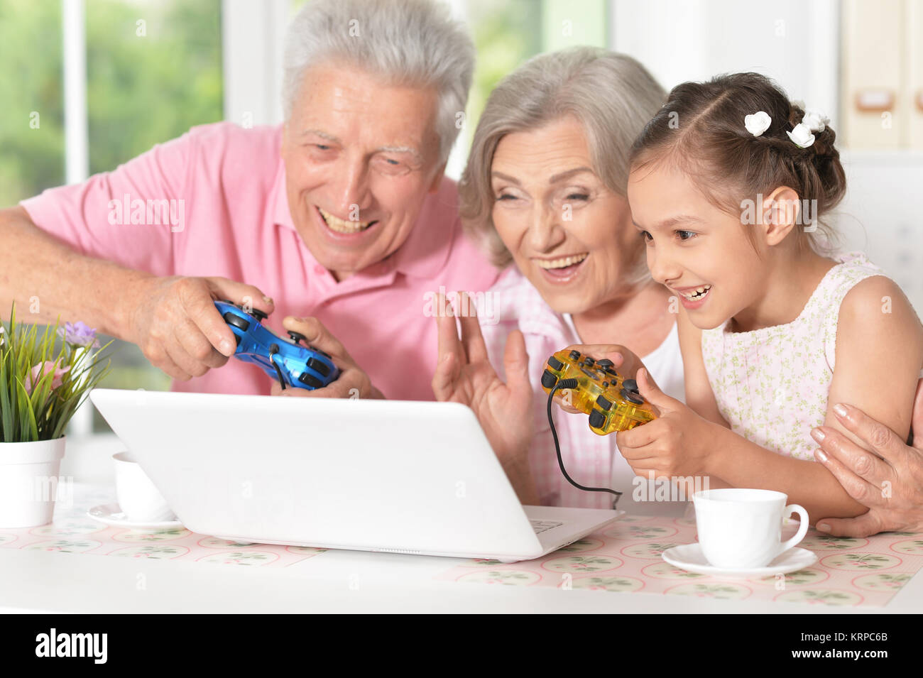 grandparents  with  granddaughter playing computer game Stock Photo