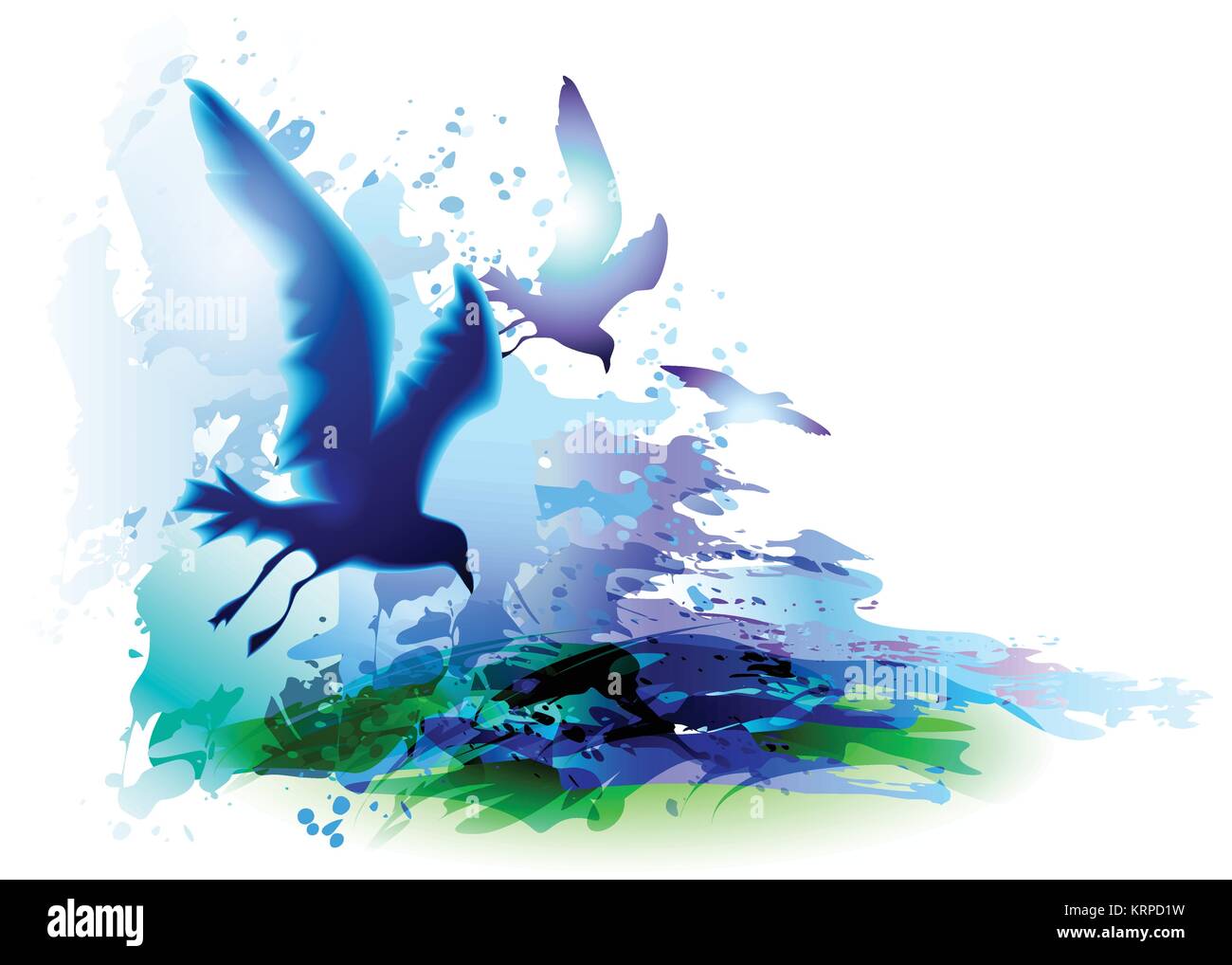 Birds flying and ocean waves. Seascape. Vector illustration. Blue water. Digital watercolor painting. Stock Vector