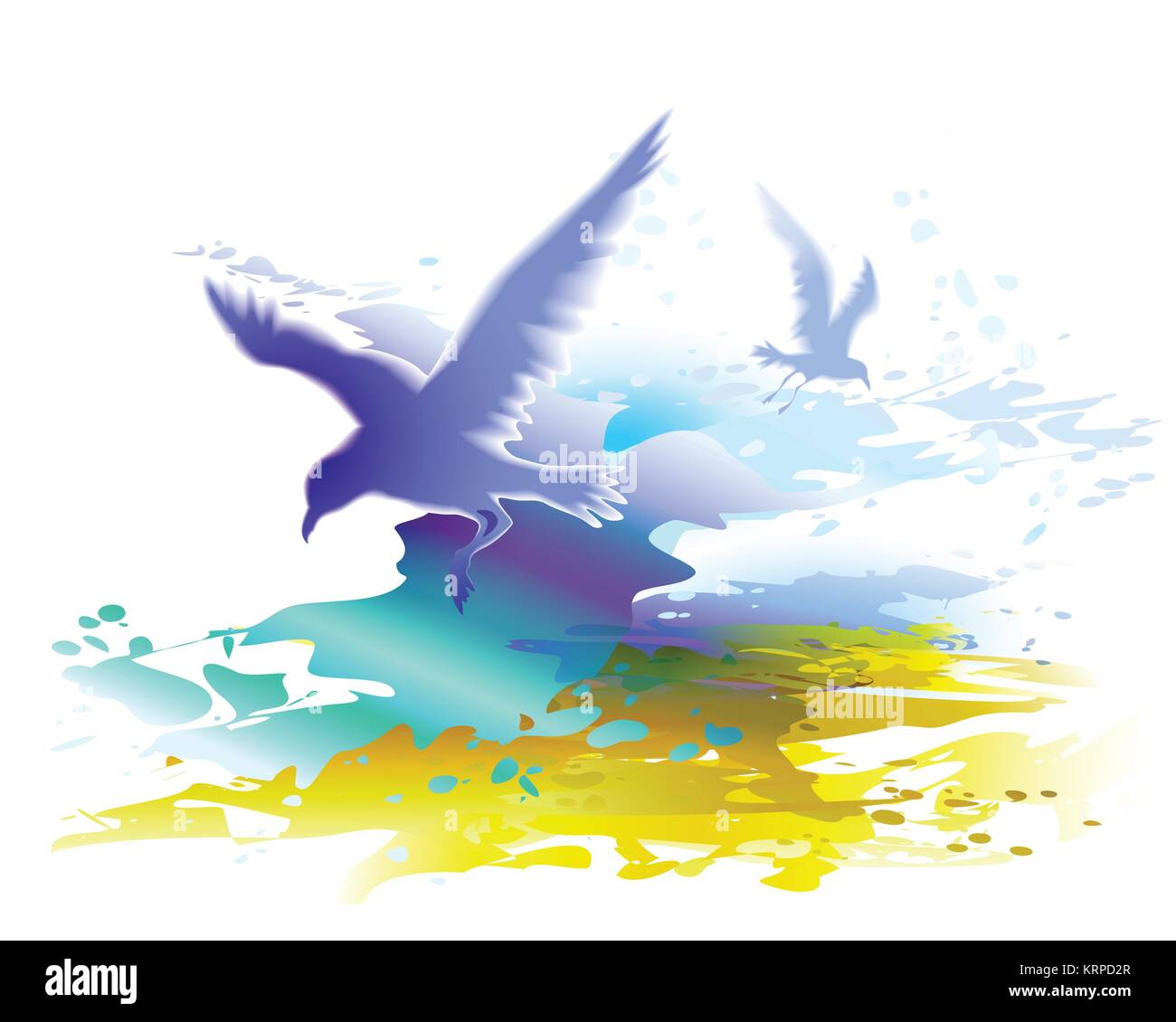 Birds flying and ocean waves. Seascape. Vector illustration. Blue water. Digital watercolor painting. Stock Vector